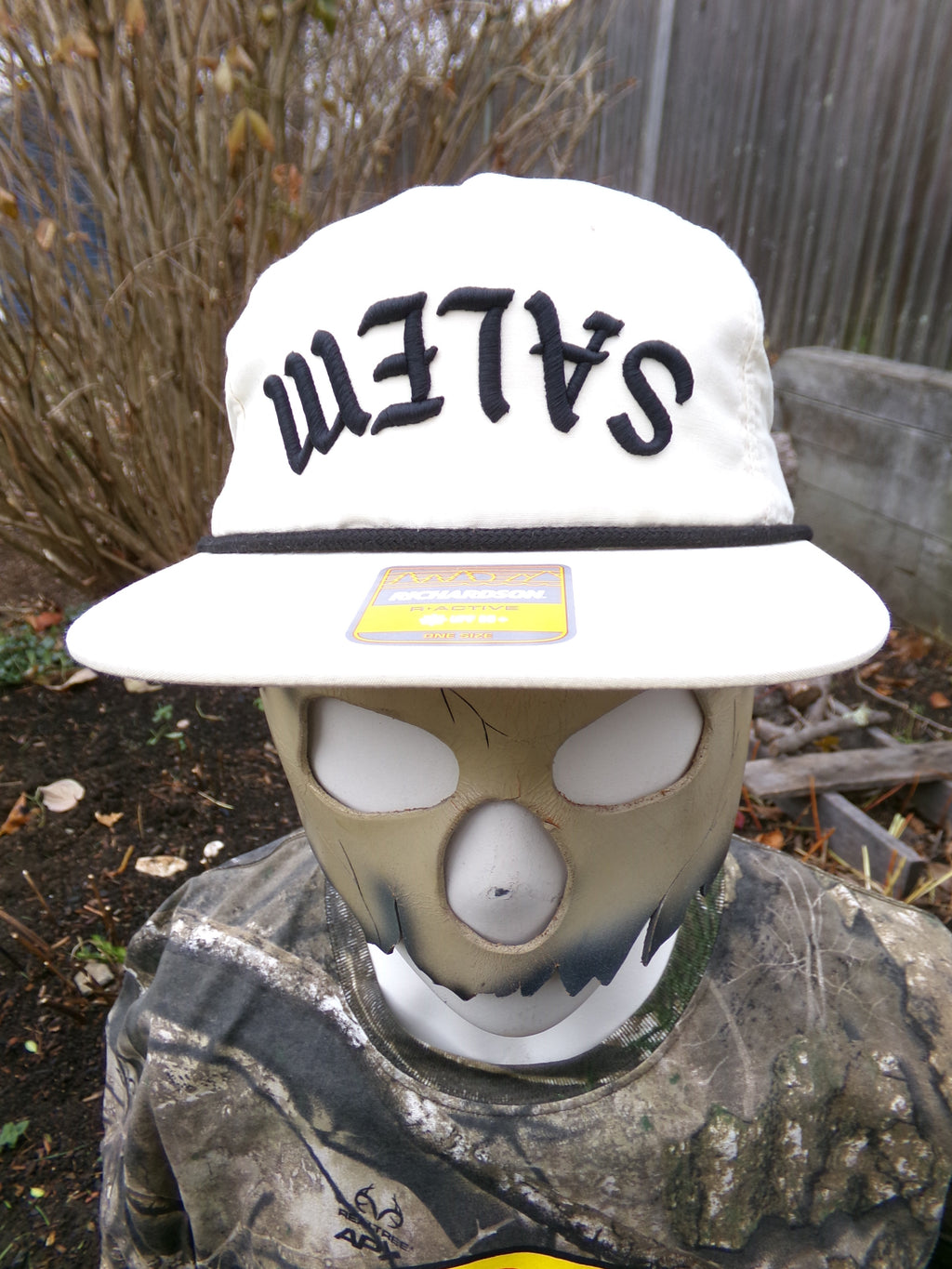 Decorative item with 'Salem' text on a white background, surrounded by natural elements.